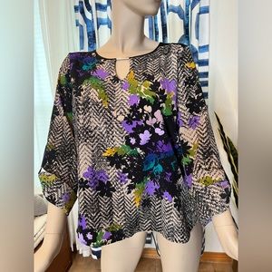 Dana Buchman Floral Chevron Quarter Sleeve Blouse Size Large